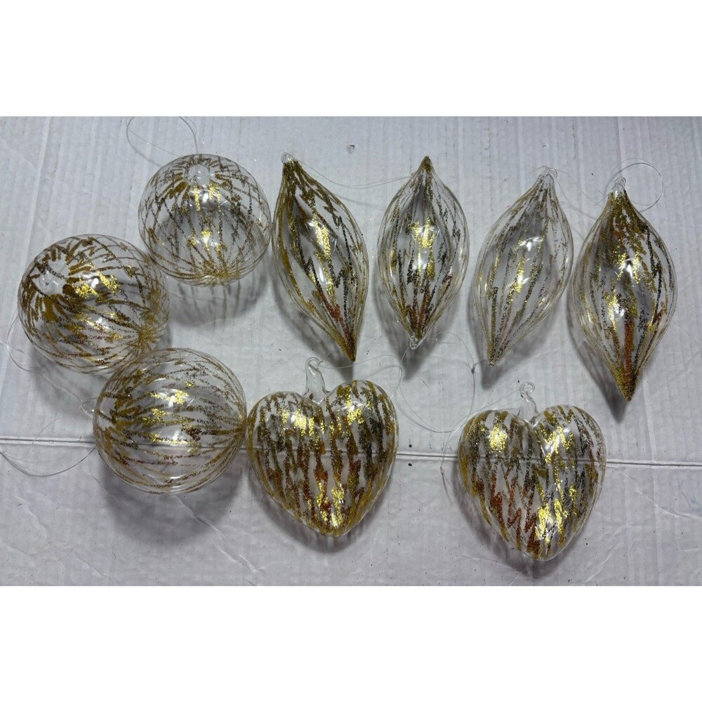 9 Clear Glass Christmas Ornaments Gold Glitter Hearts Balls Teardrops Vintage